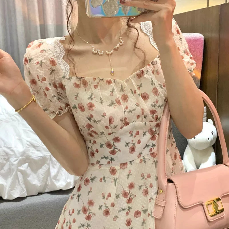 Sweet French Floral Elgeant Lace Backless Mini Dress Aesthetic Casual E-Girl Kawaii Korean Japanese Harajuku
