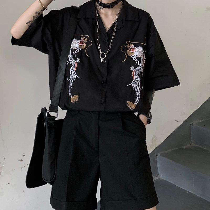Dragon Embroidery Vintage Black Blouse Button Down Casual Loose Short Sleeve Tee Shirt T-shirt Top E-Girl Kawaii Korean Japanese Harajuku Streetwear