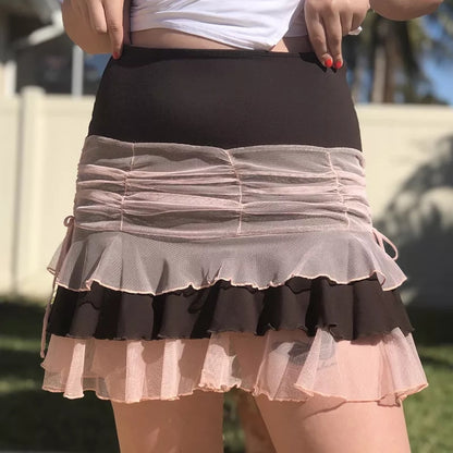 Brown Vintage Patchwork Pleated Ruffle Mini Skirt