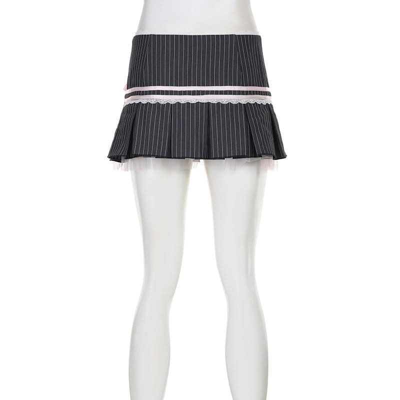Pink Bow Stripe Fold Lace Up High Waist Skirt