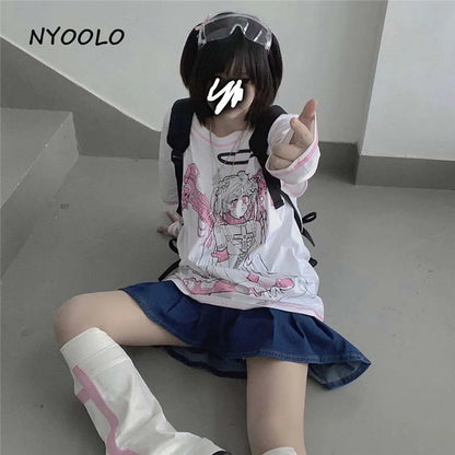 Angel Steampunk Anime Girl Cartoon Print Loose Short Sleeve T-shirt Top Summer Causal Goth Punk E-Girl Kawaii Korean Japanese Harajuku Streetwear