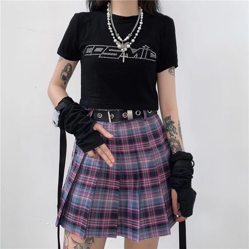Cute Vintage Plaid Belt Chain High Waisted Mini Skirt School Uniform Tennis A-line Goth Punk Club E-Girl Kawaii Korean Japanese Harajuku Streetwear