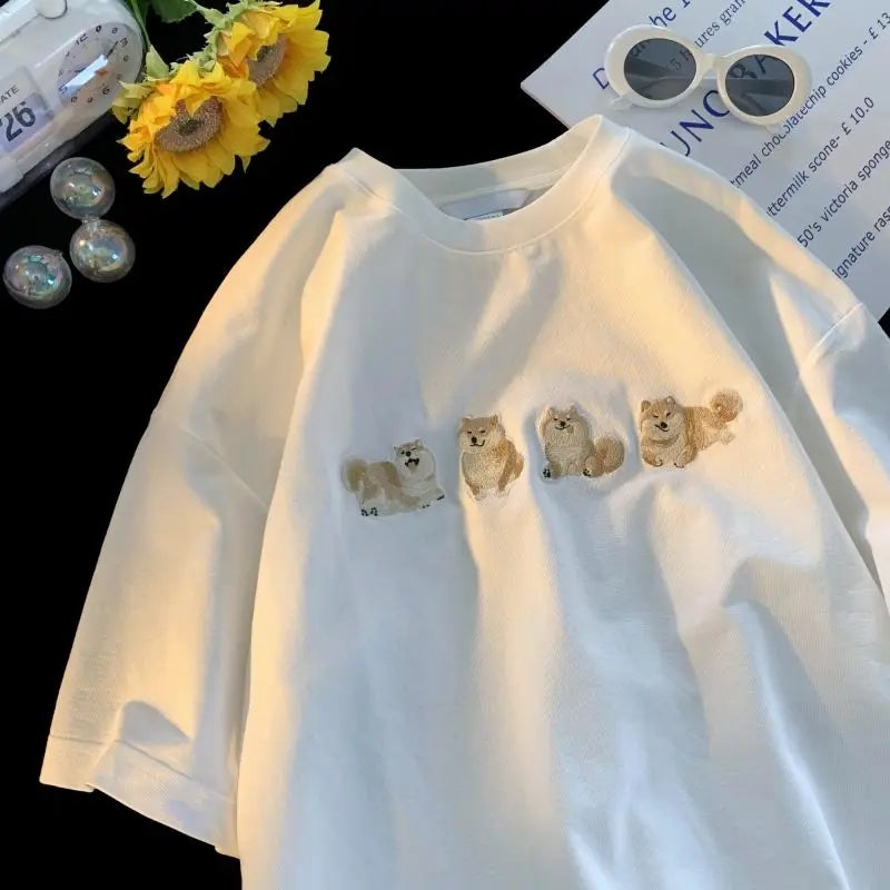 Funny Shiba Embroidery Short Sleeve T-shirt