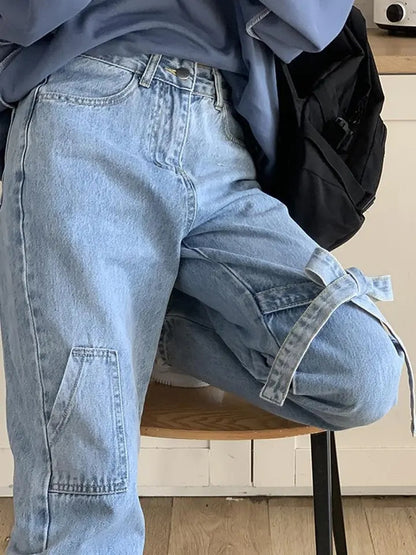 Bow High Waist Straight Leg Jeans