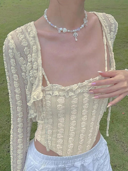 2PCS Beige Frill Camisole + Cardigan