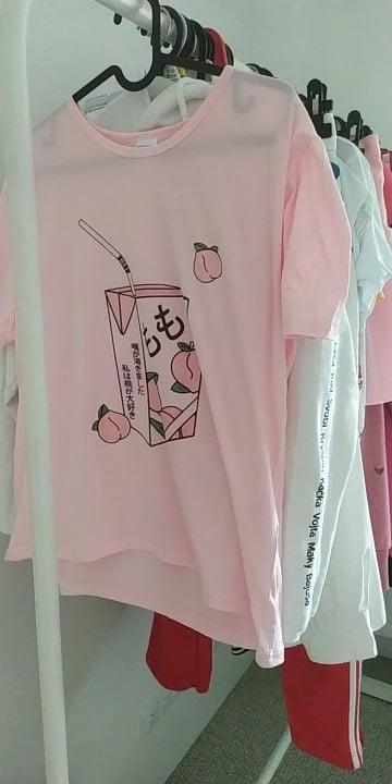 Cute Pink Peach Milk Carton Pastel Print Short Sleeve Shirt Tee T-shirt E-Girl Kawaii Korean Japanese Harajuku Retro Streetwear Aesthetic