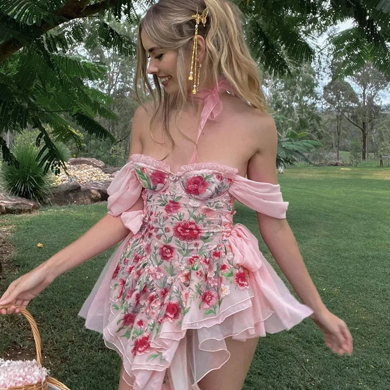 Pink Rose Lace Up Mini Dress