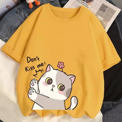 Cute Cat Kitten Don't Kiss Me Graphic Cartoon Print Loose Short Sleeve T-shirt Aesthetic Casual Summer E-Girl Kawaii Korean Japanese Harajuku