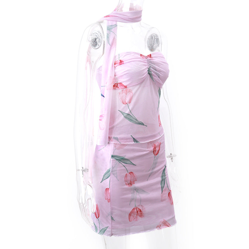 2PCS Pink Tulip Print Tube Top + Mini Skirt
