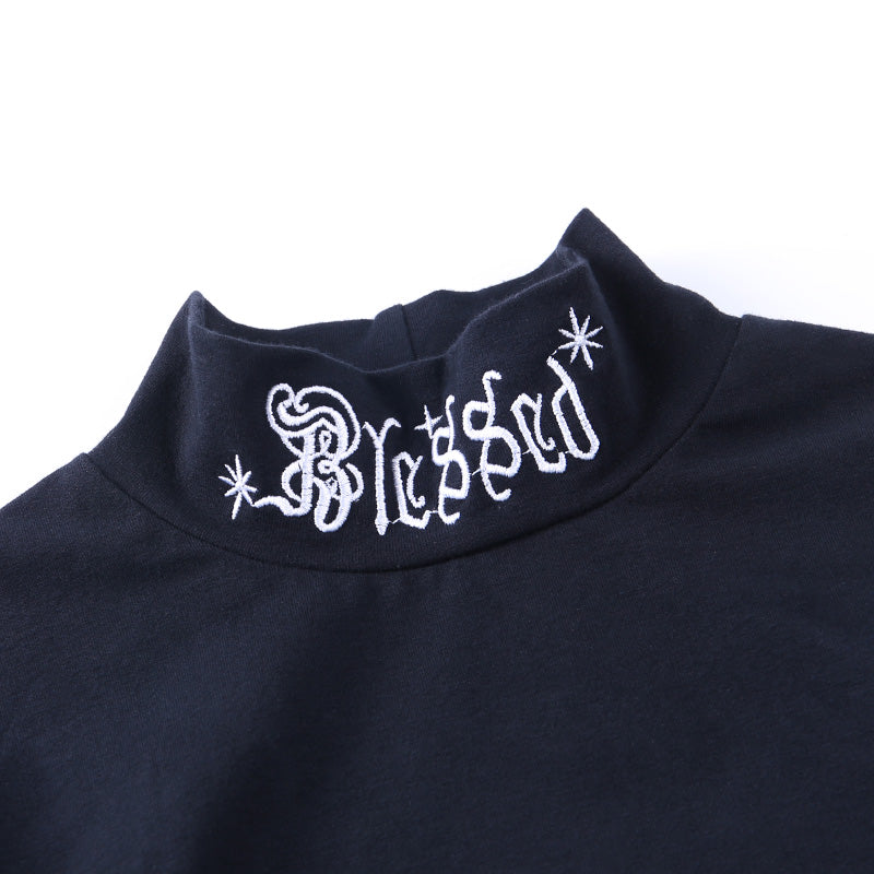 Black Rebel Letter Embroidery Turtleneck Crop Top Long Sleeve Shirt T-shirt Top Goth Punk Casual E-Girl Kawaii Korean Japanese Harajuku Streetwear