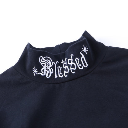 Black Rebel Letter Embroidery Turtleneck Crop Top Long Sleeve Shirt T-shirt Top Goth Punk Casual E-Girl Kawaii Korean Japanese Harajuku Streetwear