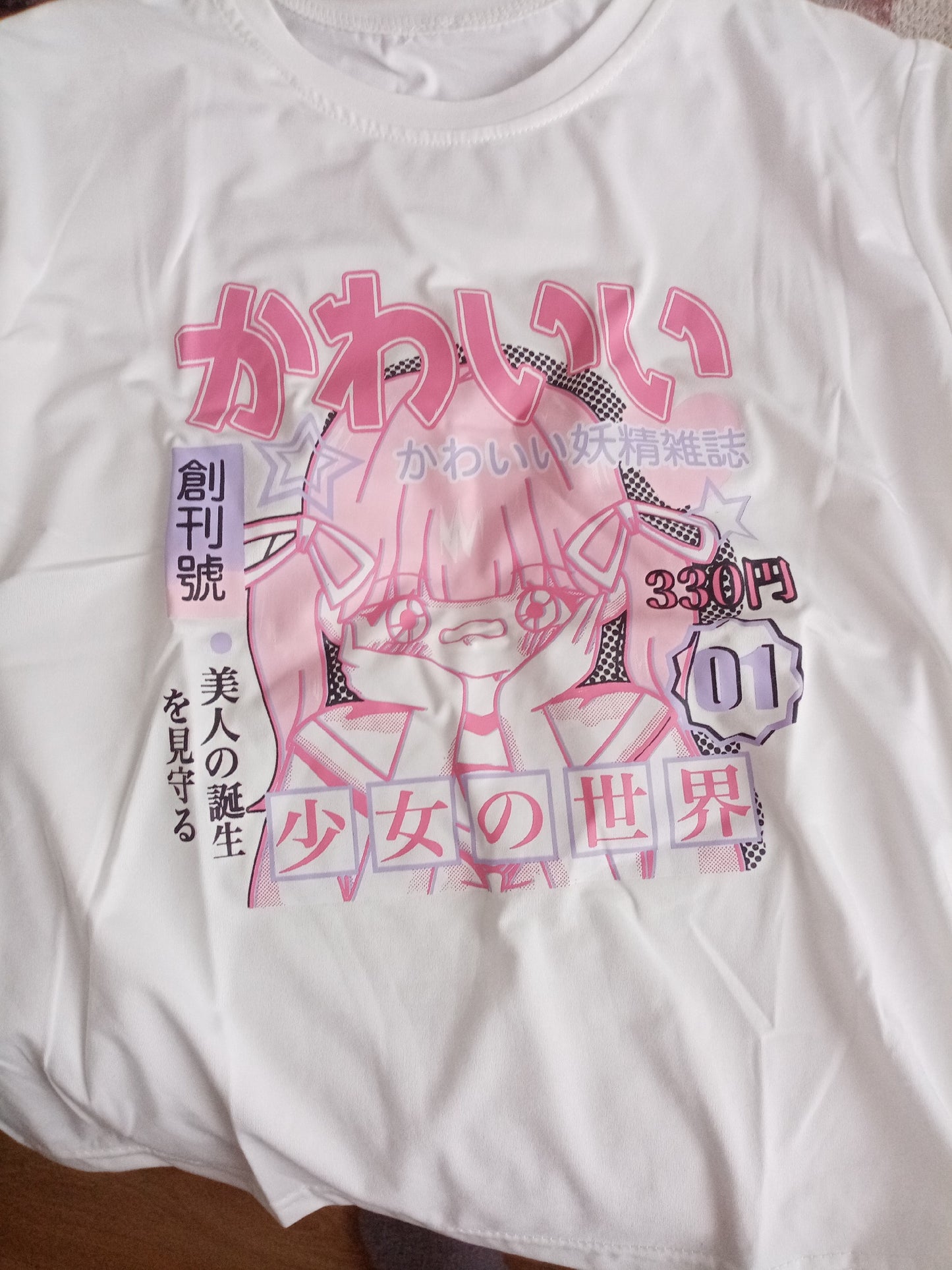 Pink 2D Anime Girl Print Short Sleeve T-shirt