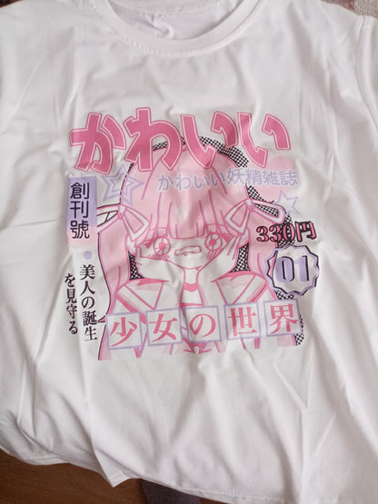 Pink 2D Anime Girl Print Short Sleeve T-shirt