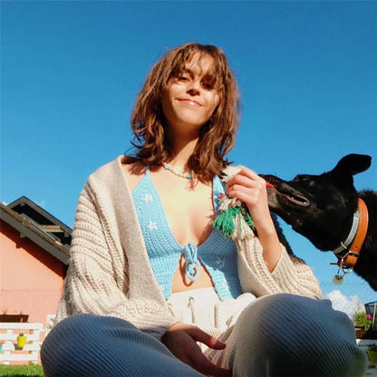 Cute Sexy Blue Crochet Knit Floral Backless Crop Top Tank Camisole Halter Beach Party Summer Aesthetic Casual E-Girl Kawaii Korean Japanese Harajuku