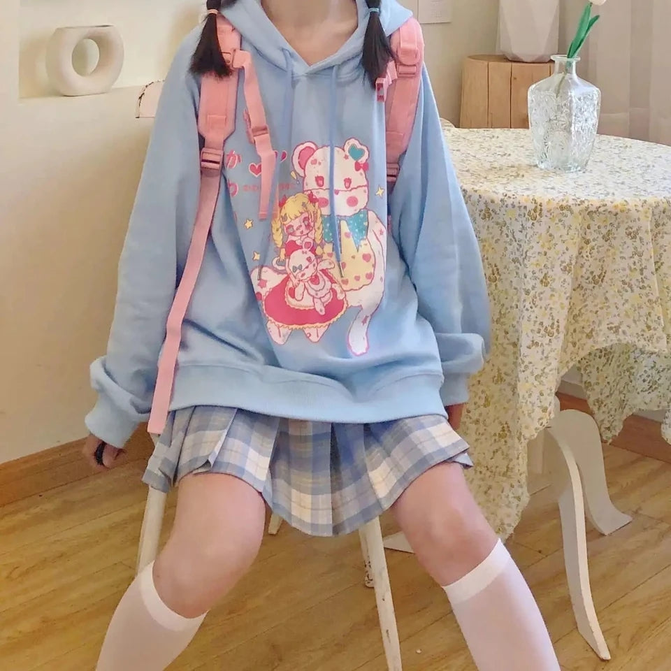 Cute Pastel Anime Girl Teddy Bear Cartoon Graphic Print Oversized Fleece Hoodie Sweatshirt Aesthetic Casual E-Girl Kawaii Korean Japanese Harajuku