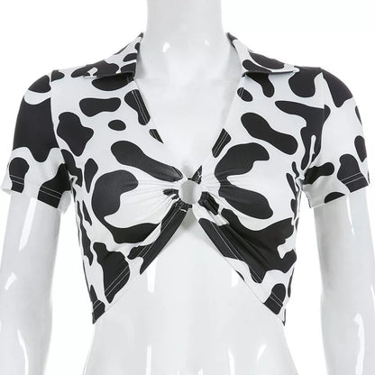 Cute Cow Print V Neck Short Sleeve Shirt Crop Top Summer Aesthetic Casual E-Girl Kawaii Korean Japanese Harajuku
