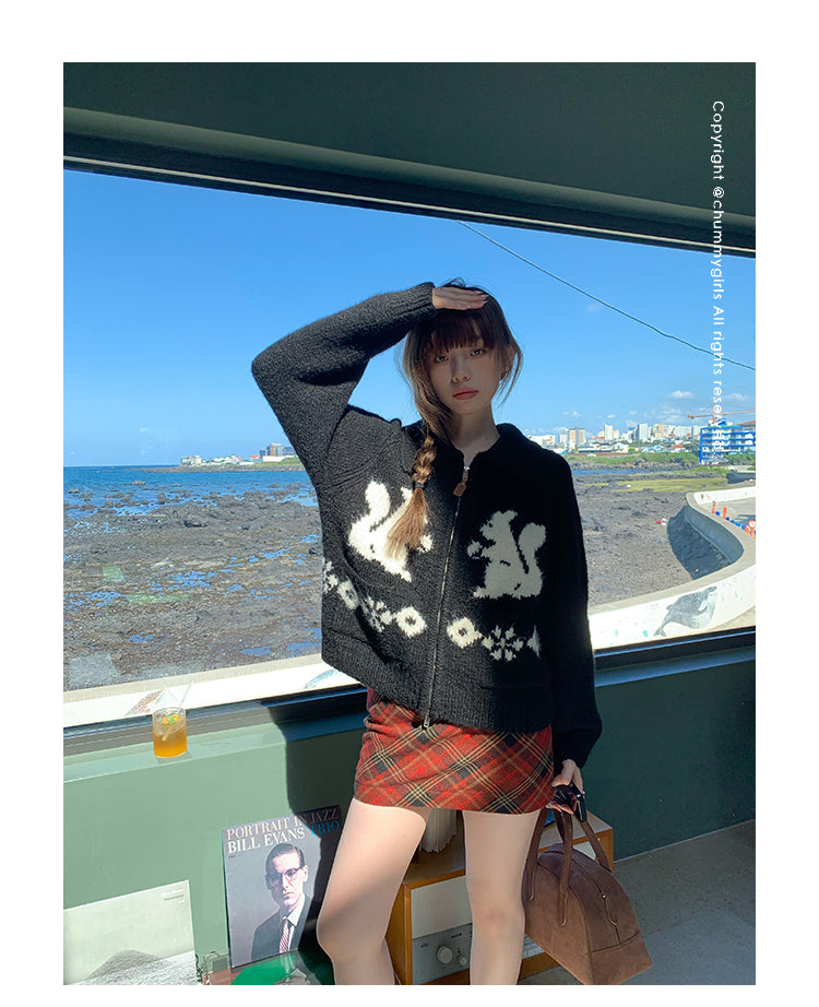 Squirrel Graphic Zipper Sweater