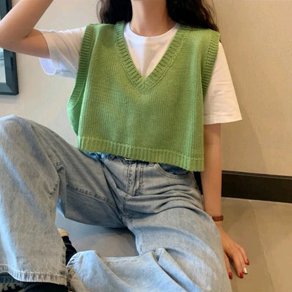 Green V Neck Knit Sweater Vest