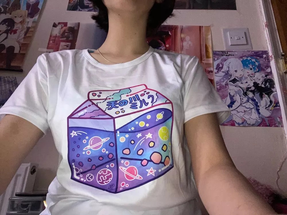 Cute Japanese Galaxy Milk Carton Print Graphic Casual Short Sleeve Shirt Tee T-shirt E-Girl Kawaii Korean Japanese Harajuku Retro Streetwear Aesthetic