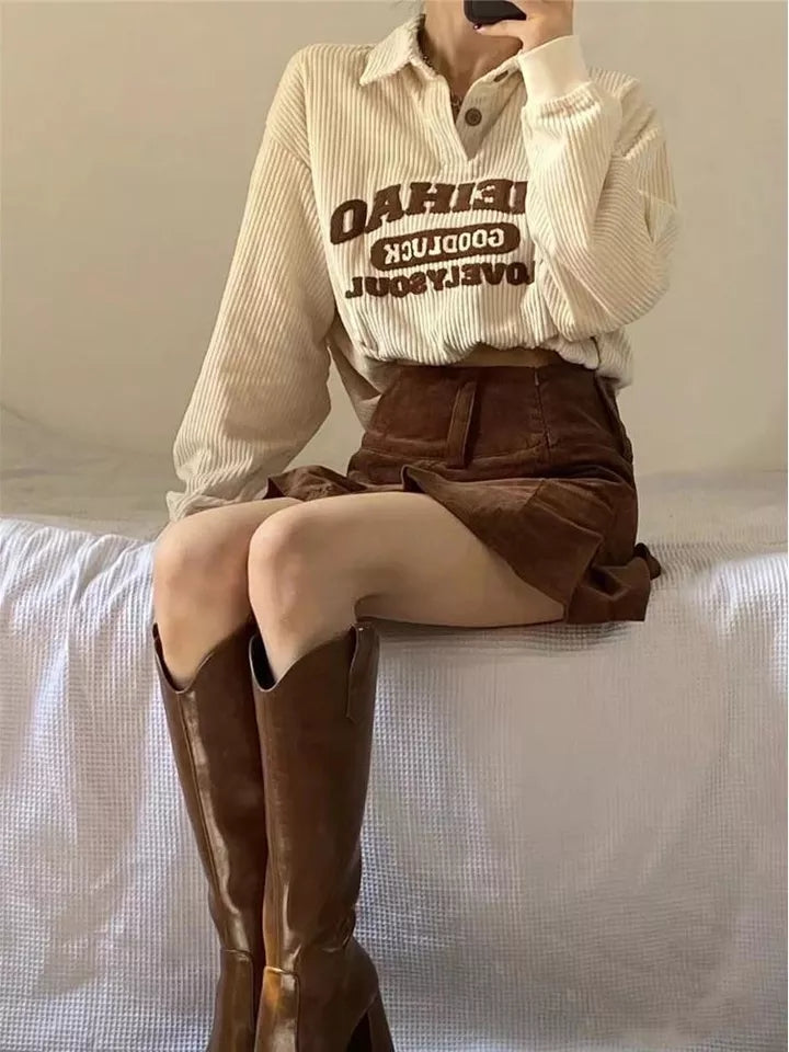 Beige Embroidery Polo Collar Embroidery Oversized Long Sleeve Shirt