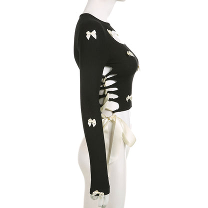 Black Bow Ribbon Hollow Out Knit Long Sleeve Shirt