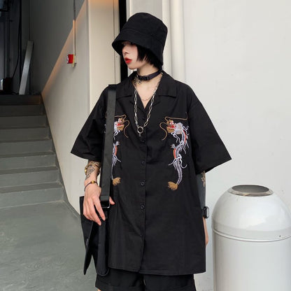 Dragon Embroidery Vintage Black Blouse Button Down Casual Loose Short Sleeve Tee Shirt T-shirt Top E-Girl Kawaii Korean Japanese Harajuku Streetwear