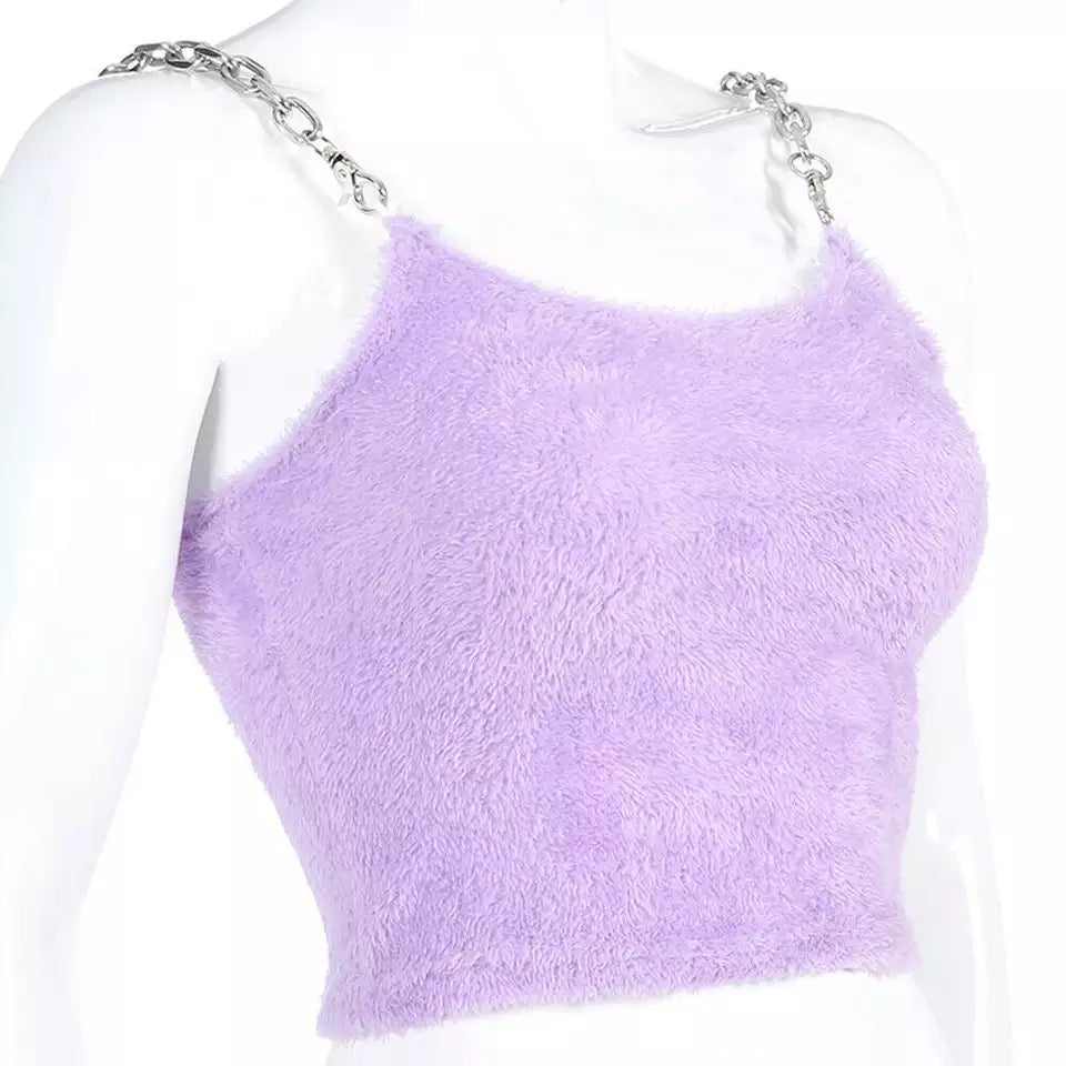 Cute Sexy Purple Chain Sling Fur Fluffy Casual Tank Crop Top Sleeveless Shirt Summer Club E-Girl Kawaii Korean Japanese Harajuku Retro Streetwear