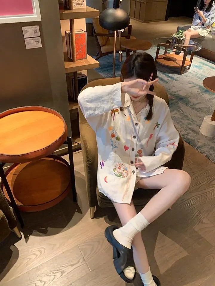 Sweet Embroidery Stripe Long Sleeve Blouse