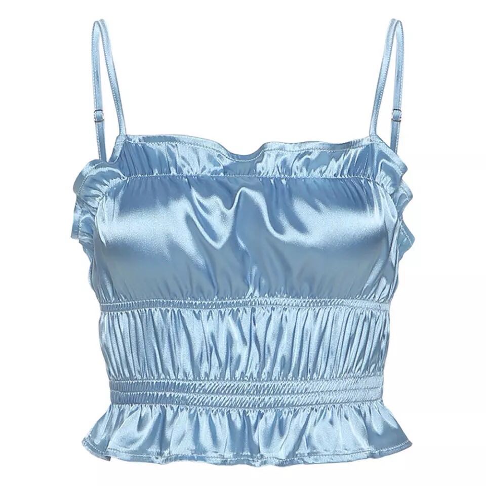 Blue Silk Satin Ruched Ruffle Frilly Tank Top Backless Crop Top Sleeveless Shirt Summer Aesthetic Casual E-Girl Kawaii Korean Japanese Harajuku