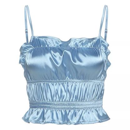 Blue Silk Satin Ruched Ruffle Frilly Tank Top Backless Crop Top Sleeveless Shirt Summer Aesthetic Casual E-Girl Kawaii Korean Japanese Harajuku
