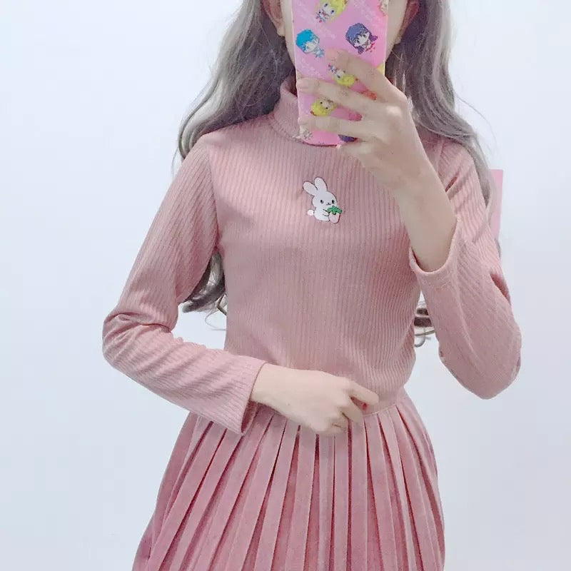 Cute Rabbit Animal Embroidery Knit Turtleneck Sweater Sweatshirt Pullover Long Sleeve Shirt E-Girl Kawaii Korean Japanese Harajuku Streetwear