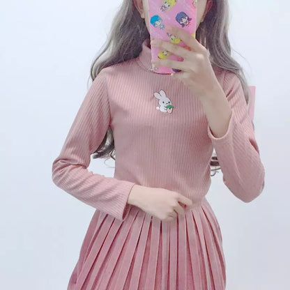 Cute Rabbit Animal Embroidery Knit Turtleneck Sweater Sweatshirt Pullover Long Sleeve Shirt E-Girl Kawaii Korean Japanese Harajuku Streetwear