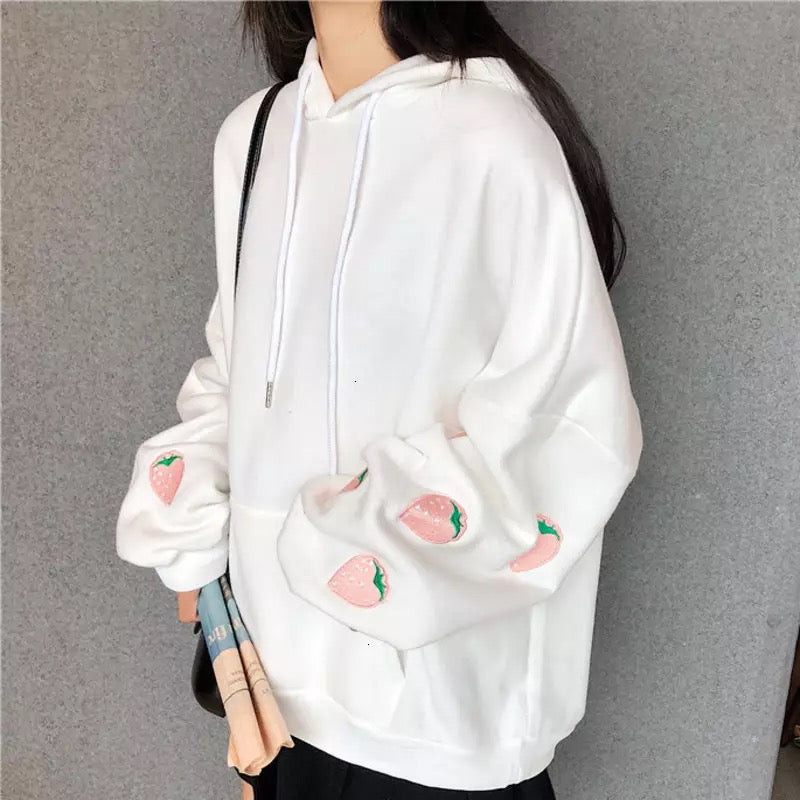 Cute Pastel Purple Strawberry Embroidery Patch Oversized Hoodie Sweater Sweatshirt Pullover Winter E-Girl Kawaii Korean Japanese Harajuku Streetwear
