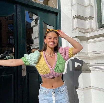 Pastel Crochet V Neck Short Sleeve Shirt