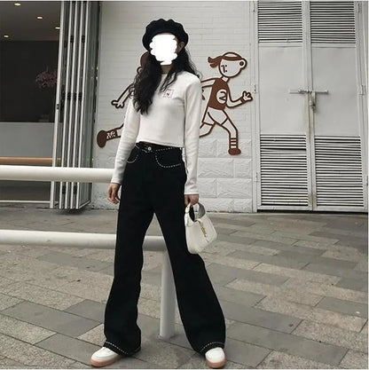 Floral Embroidery Black Cotton Pants