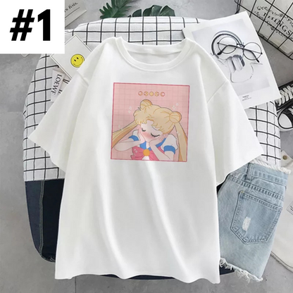 Pastel Pink Japanese Anime Girl Cartoon Print Oversized Short Sleeve Shirt