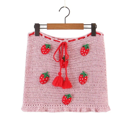 Pink Strawberry Crochet Knit Top + Sash Beach Mini Skirt