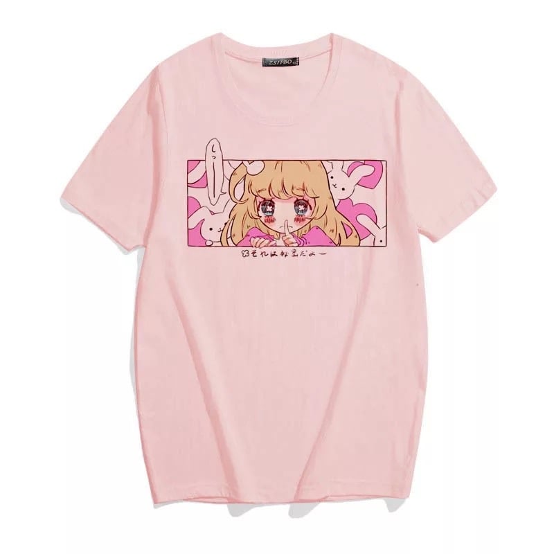 Cute Pink Anime Girl Cartoon Graphic Casual Short Sleeve Shirt Tee T-shirt E-Girl Kawaii Korean Japanese Harajuku Chinese Retro Streetwear Aesthetic