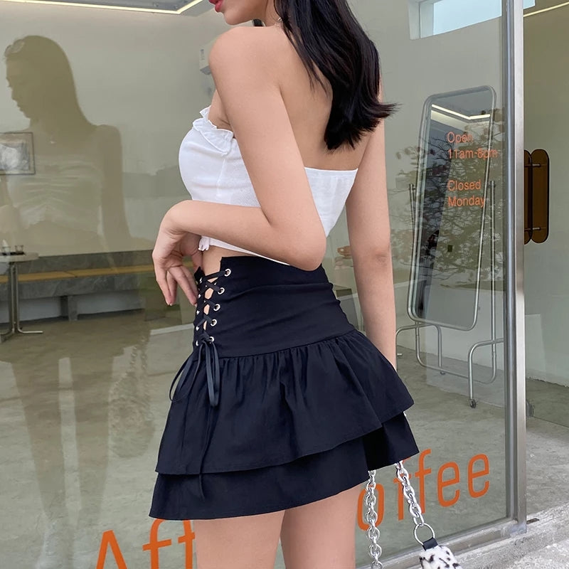 Cute 90s Lace Up Ruffles High Waist Mini Skirt Goth Punk Summer Aesthetic Casual E-Girl Kawaii Korean Japanese Harajuku