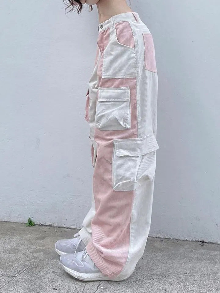 Pink Contrast Patchwork Cargo Pants