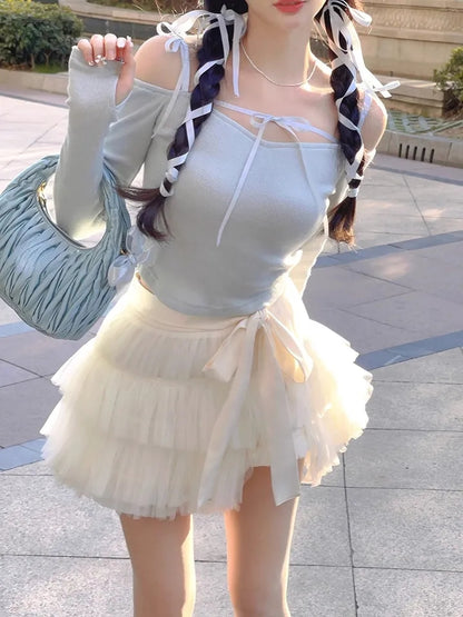 Sweet Bow Off Shoulder Long Sleeve Blouse