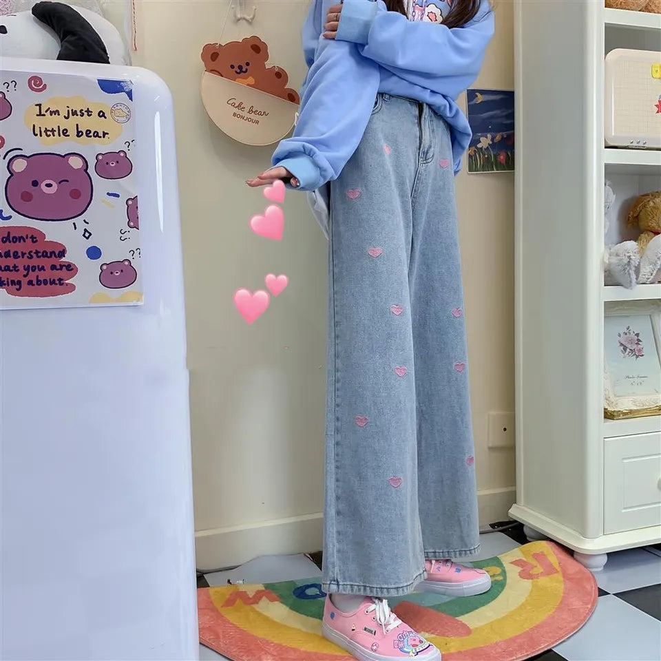 Pink Heart Embroidery Denim Jeans