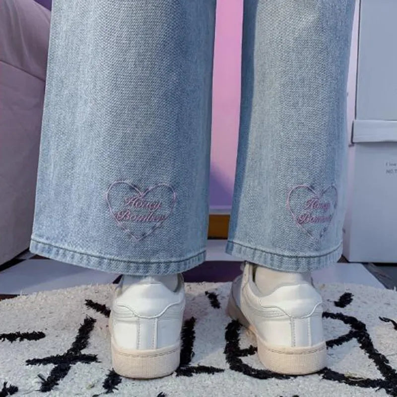 Pink Heart Embroidery Denim Jeans