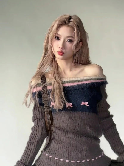 Brown Fairy Bow Off Shoulder Sweater