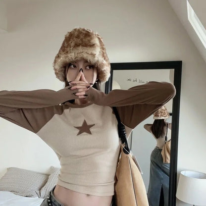Brown Star Patchwork Long Sleeve T-shirt