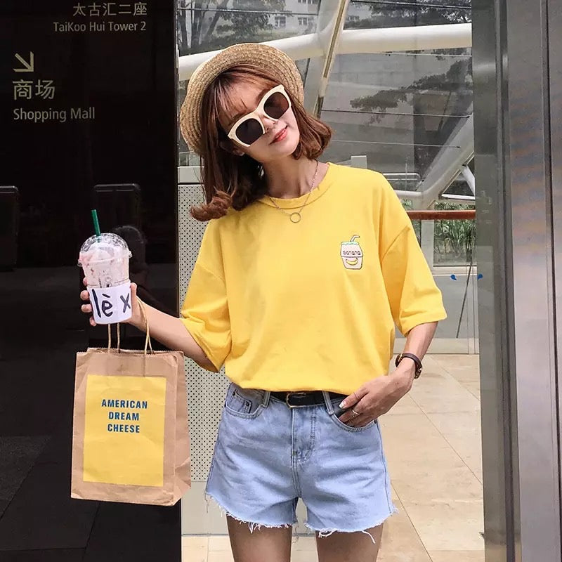 Cute Summer Banana Milk Drink Embroidery Yellow White Casual Short Sleeve Tee Shirt T-shirt Top E-Girl Kawaii Korean Japanese Harajuku Streetwear
