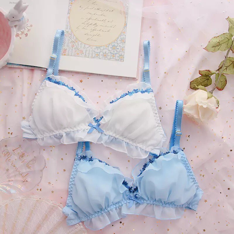 Sweet Fairy Blue Lace Bra + Panty Set Underwear Lingerie Summer Aesthetic Casual E-Girl Kawaii Korean Japanese Harajuku