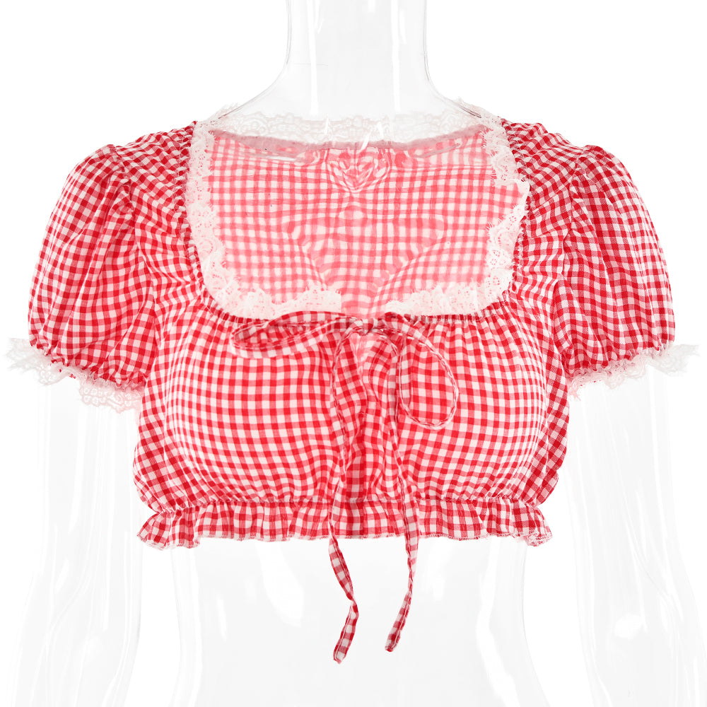 Red & White Plaid Lace Square Neck Top