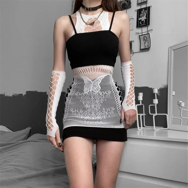 Butterfly Lace Halter Neck Dress + Gloves