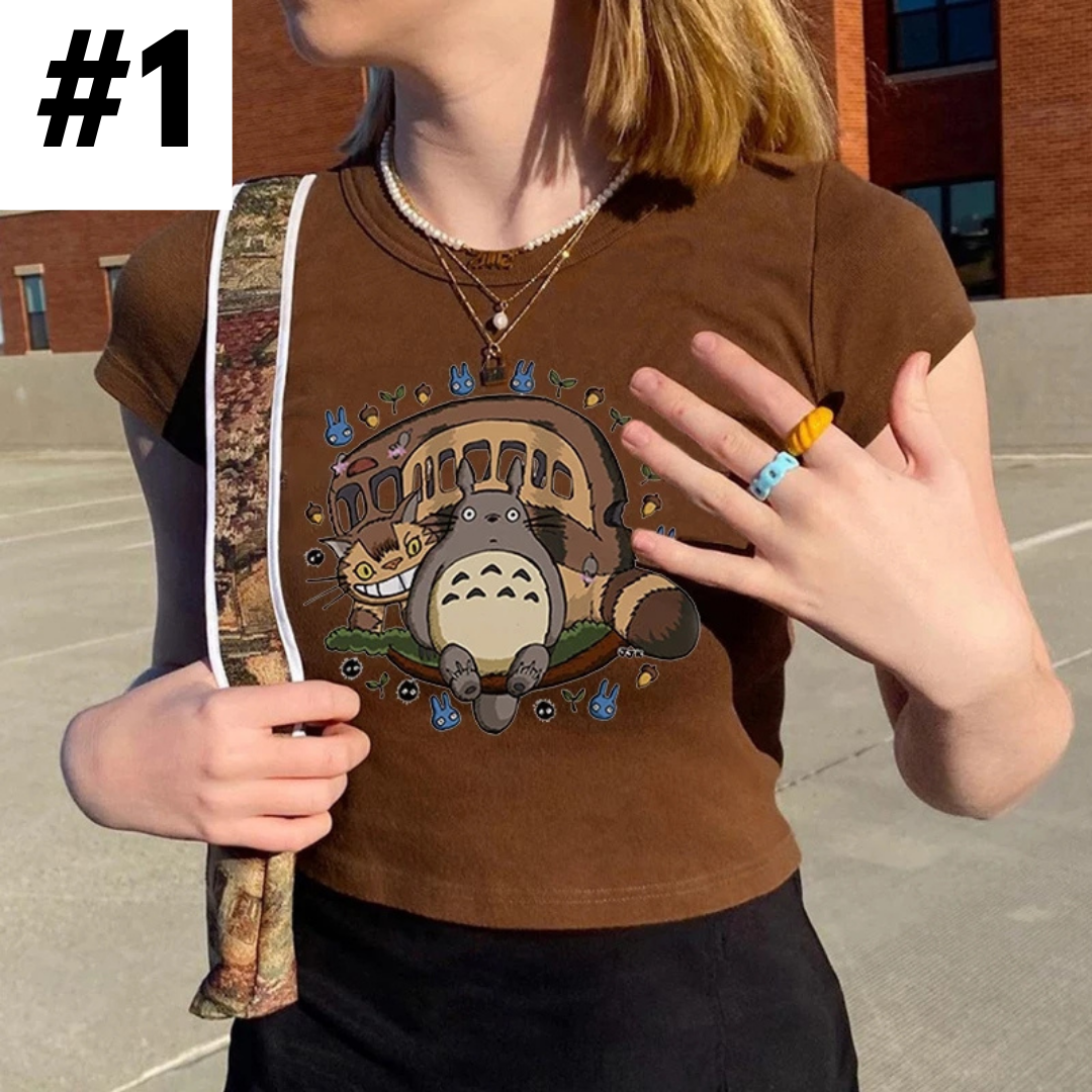 Brown Japanese Anime Cartoon Print Crop Top